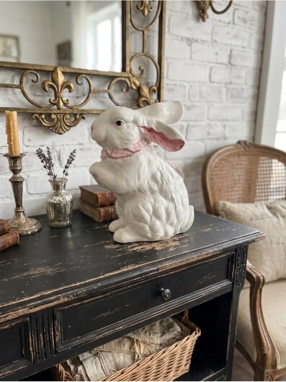 White Ceramic Bunny Rabbit Figurine Pink Plaid Bow